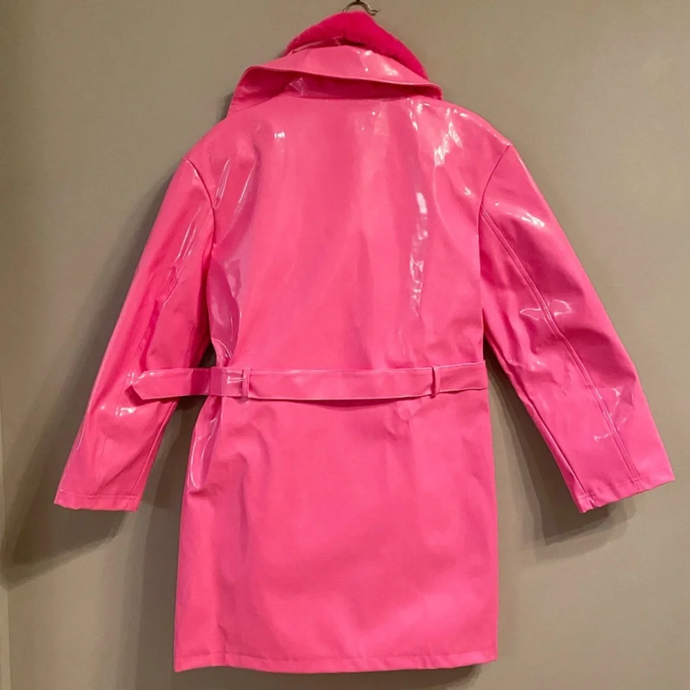ASOS Unique21 Faux Fur Trim Vinyl Coat in Fuchsia, Size 12 - Picture 5 of 13